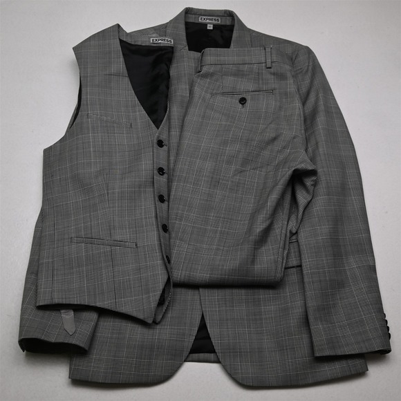 Express 36R 28x32 Glenn Check Photographer Slim 3 Piece Vest Jacket Pants Suit
